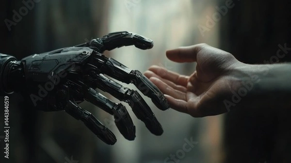 Fototapeta A futuristic robot hand reaching out to connect with a human hand