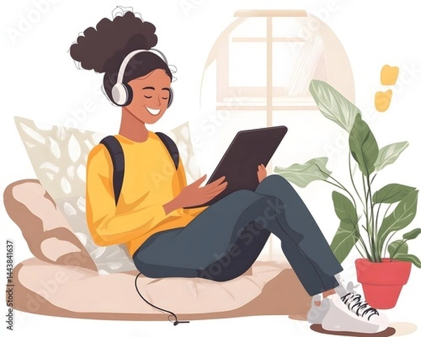 Fototapeta Engaged student learning with headphones on tablet in a cozy environment , showcasing serene balance