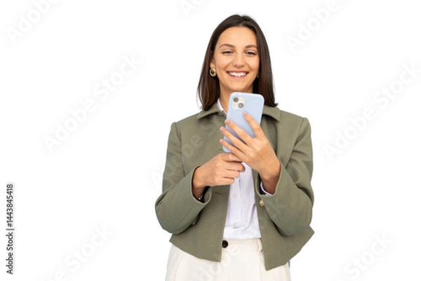 Fototapeta Cheerful manager browsing internet on smartphone, isolated on transparent background