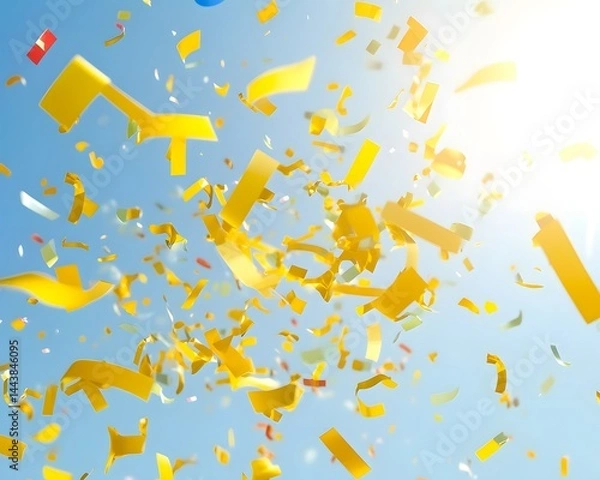 Fototapeta exuberant celebration backdrop explosion of vibrant yellow confetti against sunny background dynamic festive atmosphere with various colorful paper shapes floating , imbued with refined subtlety