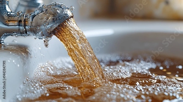 Fototapeta Close-up view of brown water flowing from a faucet.