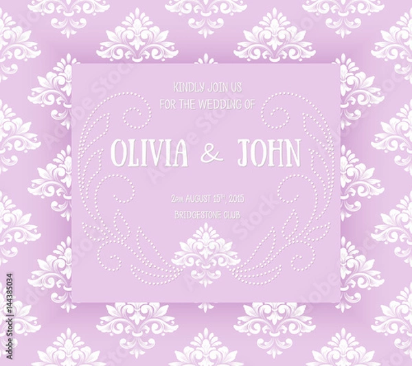 Fototapeta Wedding invitation and announcement card with vintage background artwork. Elegant ornate damask background. Elegant floral abstract ornament. Design template.