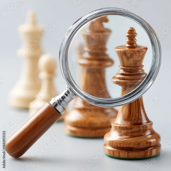 Fototapeta A magnifying glass focusing on a chess piece creating a conceptual scene about strategy detail and intellectual focus.