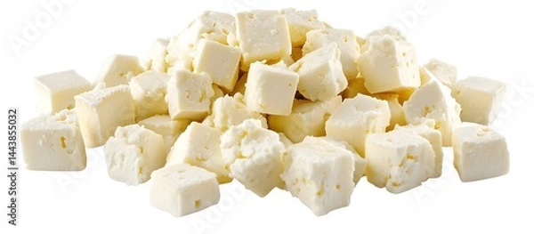 Fototapeta Feta cheese bundle, cut in cubes, isolated on a white background, closeup front view and top down view