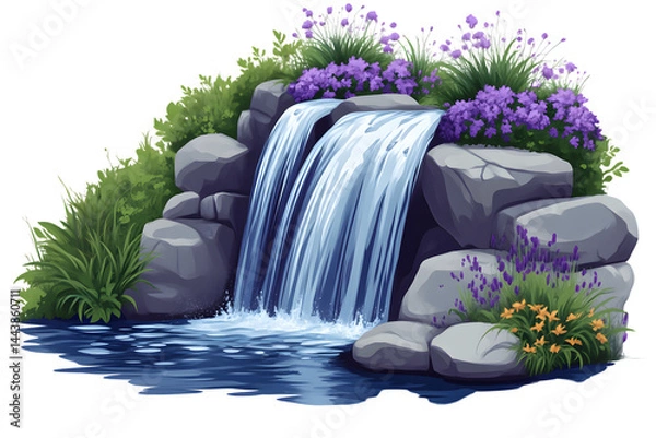 Fototapeta Waterfall cascading over rocks with purple flowers and lush greenery