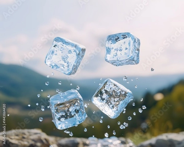 Fototapeta Four flying ice cubes cut out , embracing tranquil simplicity