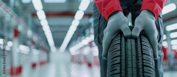 Obraz Closeup of a Worker Holding a Tire in a Factory