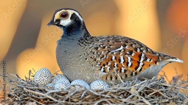 Fototapeta Quails and Eggs in Nest: A Wildlife Close-up
