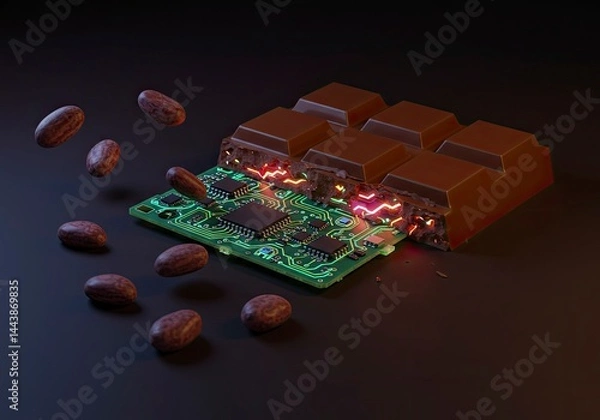 Fototapeta Futuristic Chocolate Microchip Concept with Glowing Circuit and Cacao Beans