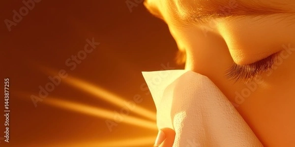 Fototapeta Child Blowing Nose During Golden Hour Sunlight