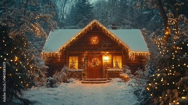 Fototapeta Cozy log cabin adorned with Christmas lights in a snowy forest.  Warm glow from inside illuminates the exterior, festive decorations, and snow-covered landscape