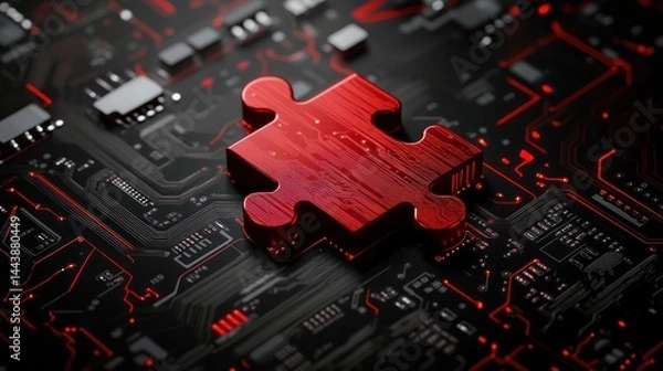 Fototapeta Red Puzzle Piece on Modern Circuit Board: A Conceptual Integration Metaphor