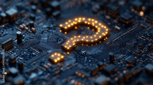 Obraz Intricate circuit board displaying a glowing question mark, symbolizing digital inquiry
