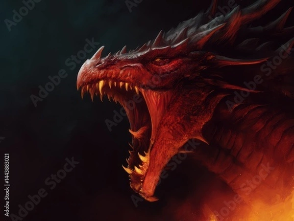 Obraz Fierce, red dragon's head in a dramatic roar.