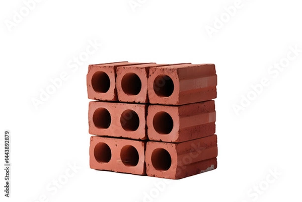 Fototapeta Stack of red bricks isolated on transparent background,Stack of Four Red Clay Bricks with Holes Isolated on White for Construction Concepts: Building Material Imagery: Bricks, Red, Clay, Isolated.