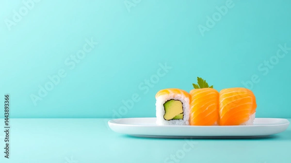 Obraz Minimalist image of three salmon sushi rolls with avocado on a white plate against a turquoise background.