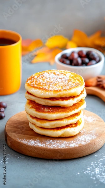 Obraz Stack of fluffy pancakes dusted with powdered sugar, served on a wooden board with coffee and autumn leaves in the background.