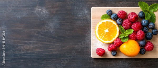 Obraz Colorful assorted fresh fruits with mint leaves on a wooden board, placed on a dark table background.