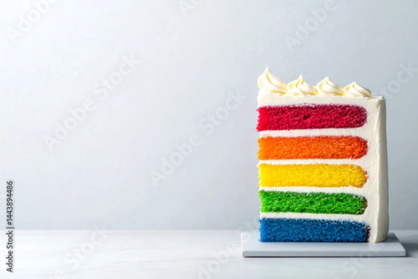Obraz A slice of rainbow layer cake with white frosting sits on a white surface against a light background.