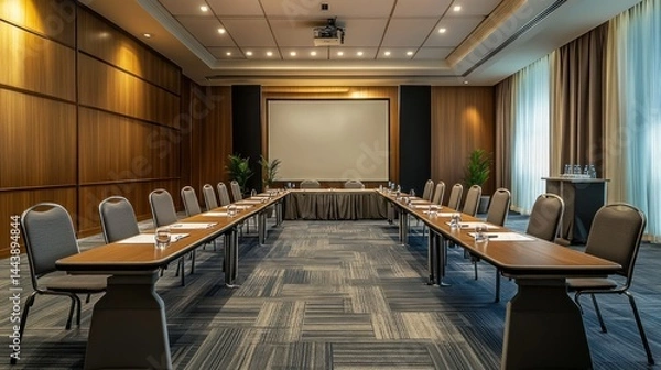 Fototapeta Modern meeting room with tables and chairs arranged in a conference layout