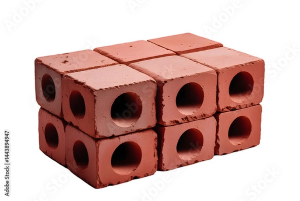 Fototapeta Stack of red bricks isolated on transparent background,Stack of Four Red Clay Bricks with Holes Isolated on White for Construction Concepts: Building Material Imagery: Bricks, Red, Clay, Isolated.