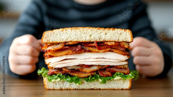 Obraz A person holds a large sandwich stacked with layers of bacon, turkey, lettuce, and bread on a wooden table.