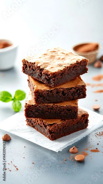 Fototapeta A stack of rich, fudgy chocolate brownies sits on a napkin, surrounded by cocoa powder and chocolate chips on a light background.