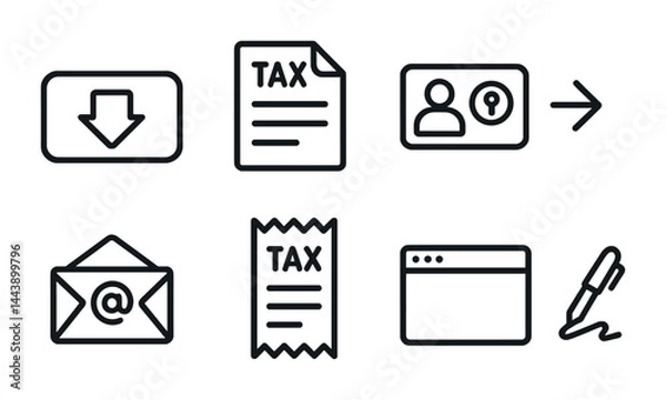 Fototapeta Finance and taxation icon set – outline style for budgeting, accounting, and compliance: download, tax document, identification, email, receipt, signature