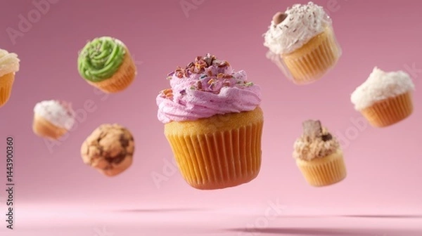 Obraz Delicate cupcakes of various flavors in mid-air against a pastel background.