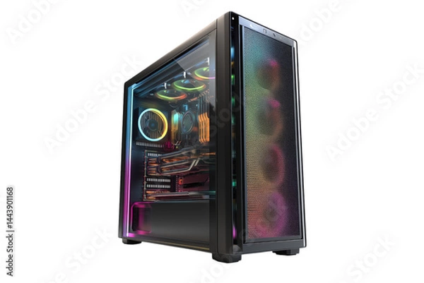 Fototapeta Sleek Black Computer System with Colorful Lighting isolated on transparent background 
