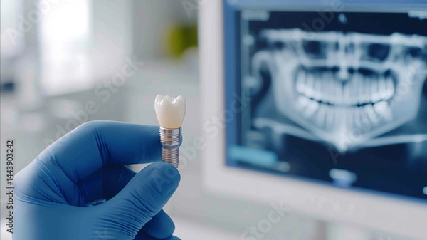 Fototapeta A dentist holding a tiny dental implant in their hand in gloves while a digital Xray on the monitor displays the exact plan for implant placement The implants small size is clearly
