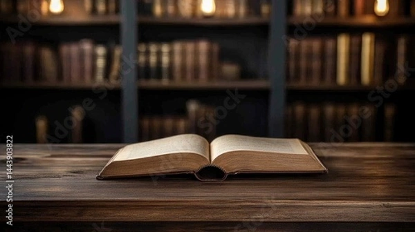 Obraz Open book resting on a wooden library table with shelves of blurred books in the background