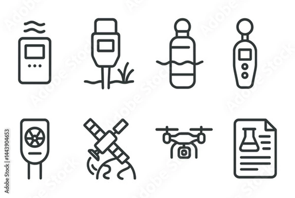 Fototapeta Environmental monitoring outline icon set – line style for climate, ecology, and pollution analysis: thermometer, soil sensor, water bottle, air quality, satellite, drone, research document.