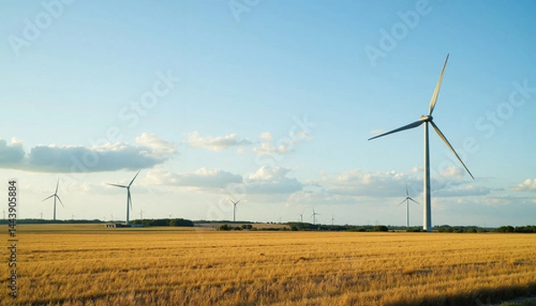 Obraz Wind turbines generating clean energy in a golden field  