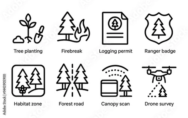 Fototapeta Forest conservation and protection icons – outline style environmental sustainability, wildlife management, and nature preservation symbols: tree planting, firebreak, logging permit, ranger badge,