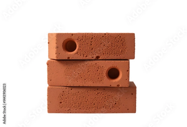 Fototapeta Stack of red bricks isolated on transparent background,Stack of Four Red Clay Bricks with Holes Isolated on White for Construction Concepts: Building Material Imagery: Bricks, Red, Clay, Isolated.