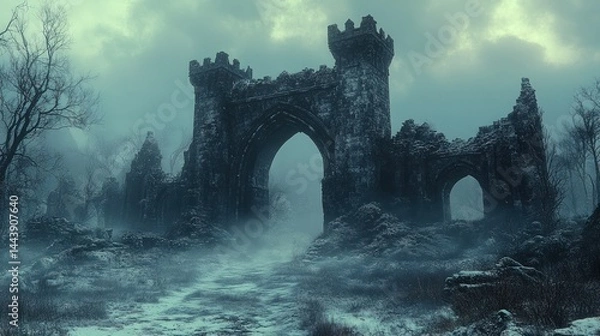 Fototapeta Ruined fortress in a snowy, misty landscape
