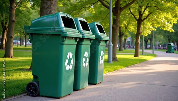 Fototapeta Green recycling bins lined along a park pathway under trees  