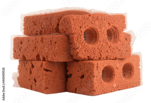 Fototapeta Stack of red bricks isolated on transparent background,Stack of Four Red Clay Bricks with Holes Isolated on White for Construction Concepts: Building Material Imagery: Bricks, Red, Clay, Isolated.