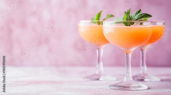 Fototapeta Elegant peach mocktails with mint on pastel background, soft purple aesthetic generative ai