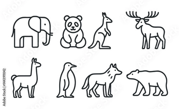 Fototapeta Wildlife animals outline icon set – linear style nature, fauna, and conservation symbols for eco projects: elephant, panda, kangaroo, deer, llama, penguin, wolf, bear.