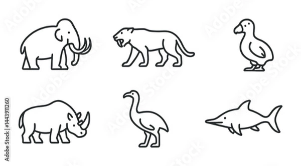 Obraz Extinct animal icons collection featuring mammoth, saber-toothed tiger, and dodo for educational design