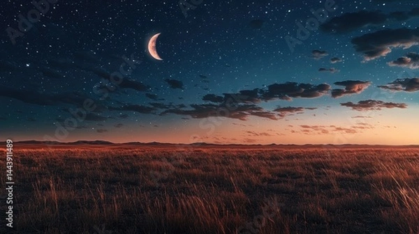 Obraz Pale moon high in the sky above vast open plains with wisps of night clouds drifting slowly