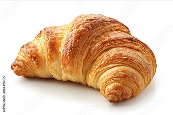 Fototapeta A freshly baked croissant isolated on white background showcasing its goldenbrown flaky crust with buttery layers and a soft airy texture The pastry has a slightly glossy finish ind