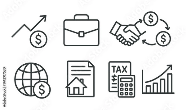 Fototapeta Finance and business outline icon set – linear style economic growth, investment, and money management symbols: chart, briefcase, handshake, currency, globe, document.