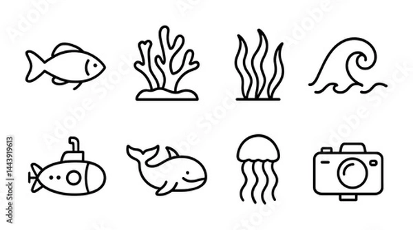 Obraz Marine life outline icon set – flat style ocean, sea creatures, and underwater symbols for exploration: fish, coral, seaweed, wave, submarine, whale, jellyfish, camera