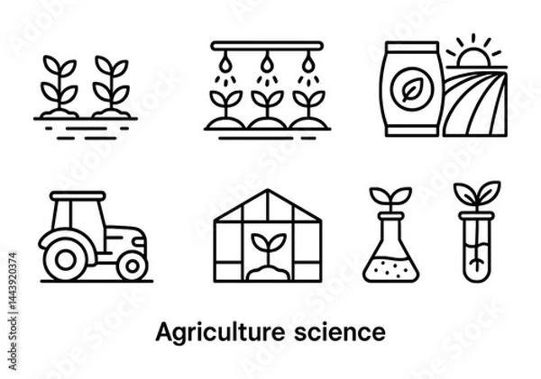 Fototapeta Agriculture science outline icons set – linear style farming, eco-friendly, and sustainable design symbols: plants, irrigation, fertilizer, tractor, greenhouse, lab tube.