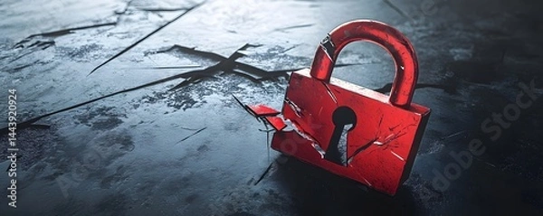 Fototapeta Hacker attack. Security breach, system hacked, internet cyber attack alert with red broken padlock, cybersecurity, infused with gentle warmth