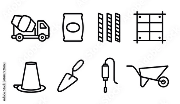Fototapeta Construction tools outline icons set – linear style building, engineering, and infrastructure symbols for industry use: cement mixer, cement bag, rebar, scaffolding, traffic cone, trowel, concrete