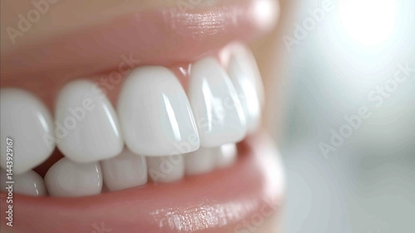 Fototapeta Closeup of perfectly smooth teeth surface catching light and shining slightly bright and clean background minimal and elegant composition highdetail realism